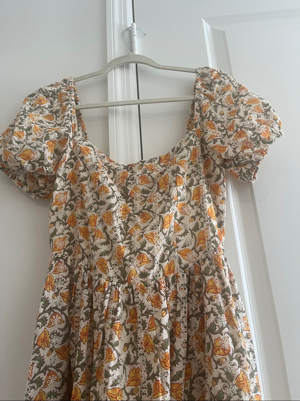 Puff-Sleeve Floral Midi Dress in Cream and Mustard - Picture 3 of 3